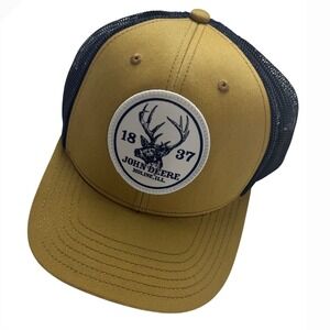 John Deere Trucker Hat Mens Khaki Navy Blue Snapback Mesh Cap 1837 Patch OSFM